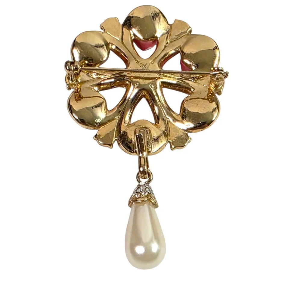 Avon Pink Rose Brooch Faux Pearl Dangle  Gold Tone Rhinestone Pin Cottagecore
